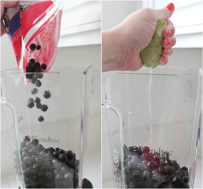 adding blueberries and lime juice to blender
