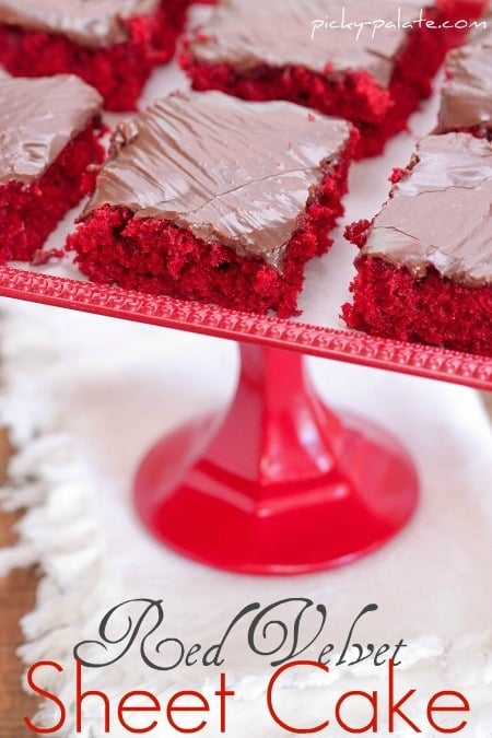 Image of Red Velvet Sheet Cake Slices on a Platter