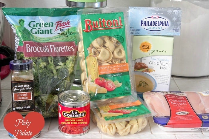 ingredients lined up on counter for chicken tortellini