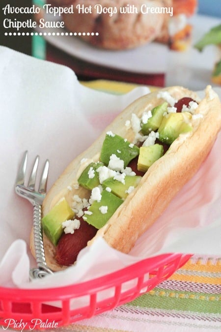 Avocado Topped Hot Dogs with Creamy Chipotle Sauce