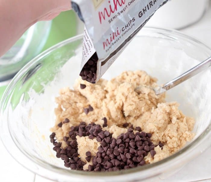 chocolate chips in mixing bowl for The Best Chocolate Chip Cookies