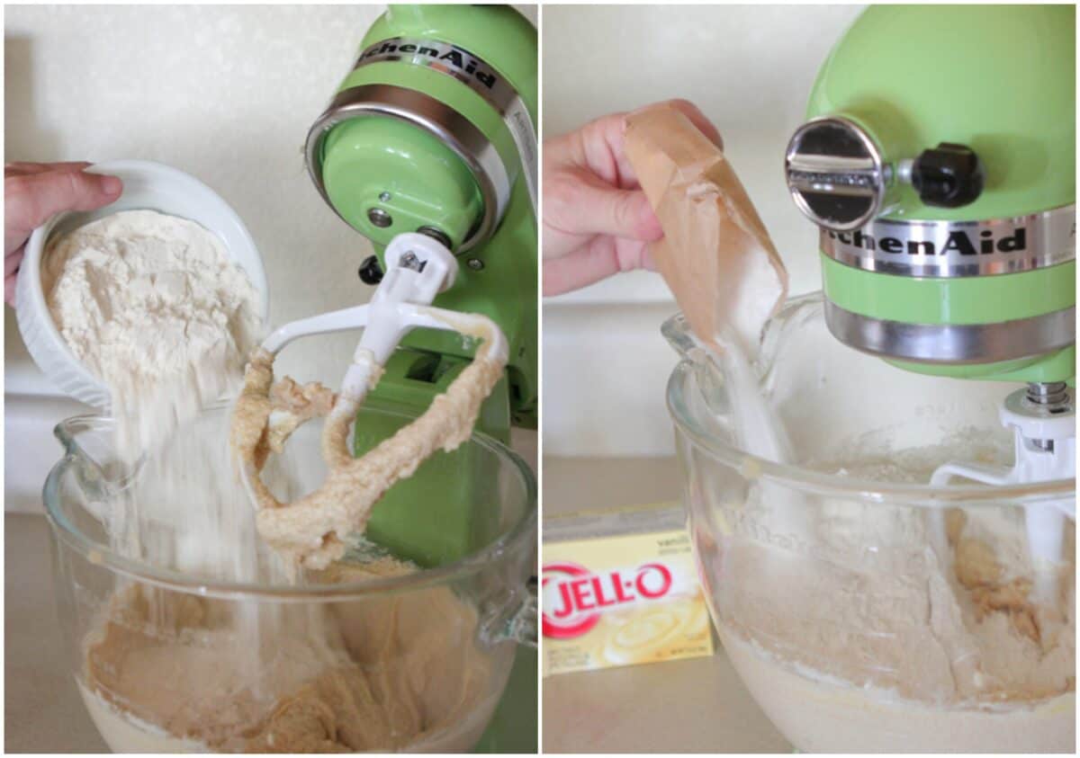 adding dry ingredients to stand mixer for lemon cookies