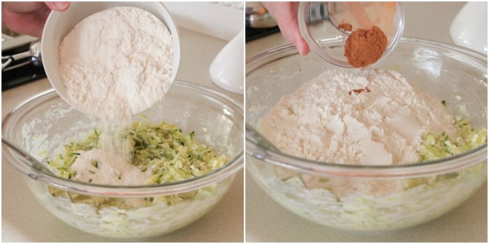 adding dry ingredients to bowl of Zucchini Bread batter