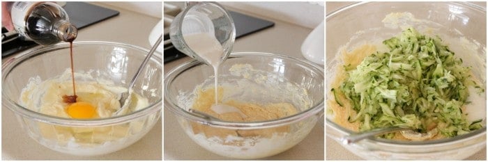 preparing zucchini bread in mixing bowl