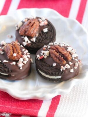 Candied Pecan Peppermint Crunch Chocolate Covered Oreos