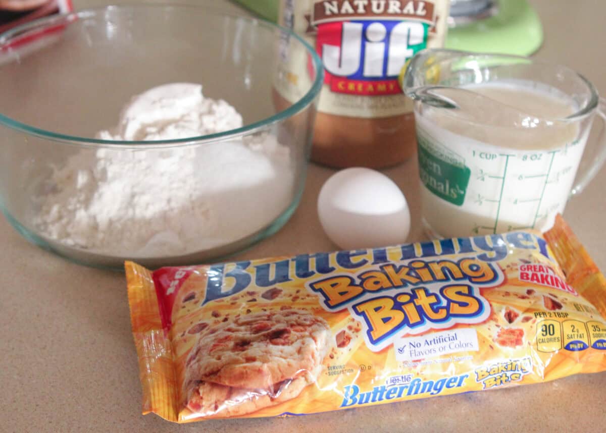 ingredients for peanut butter pancakes on counter top