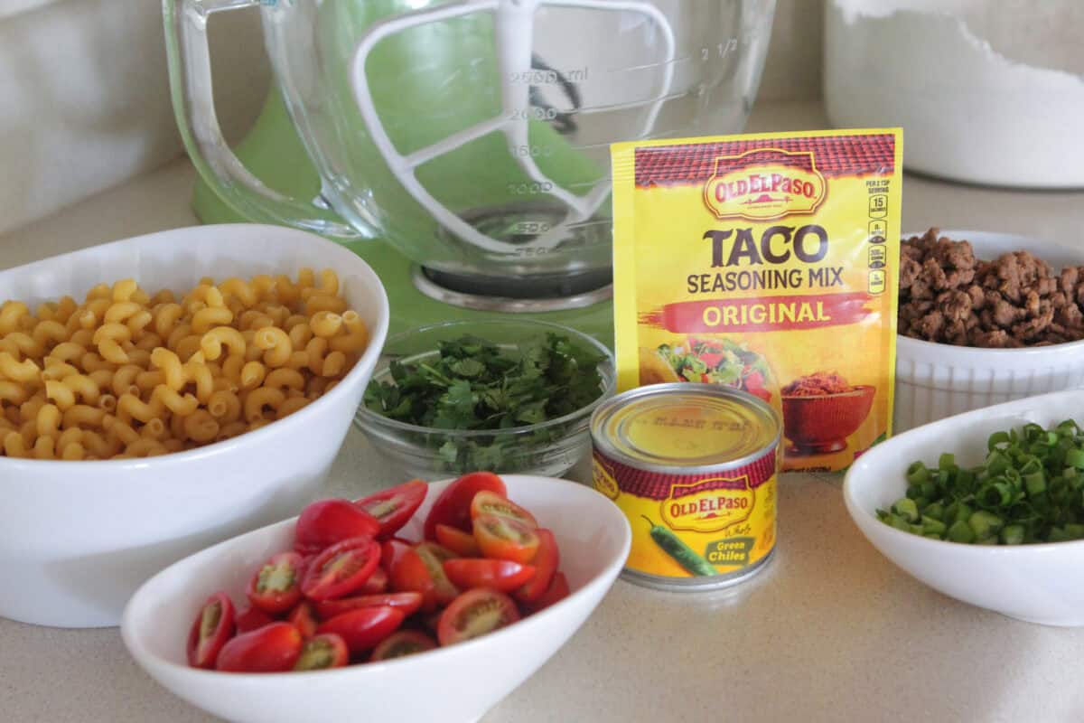 taco pasta ingredients on counter top