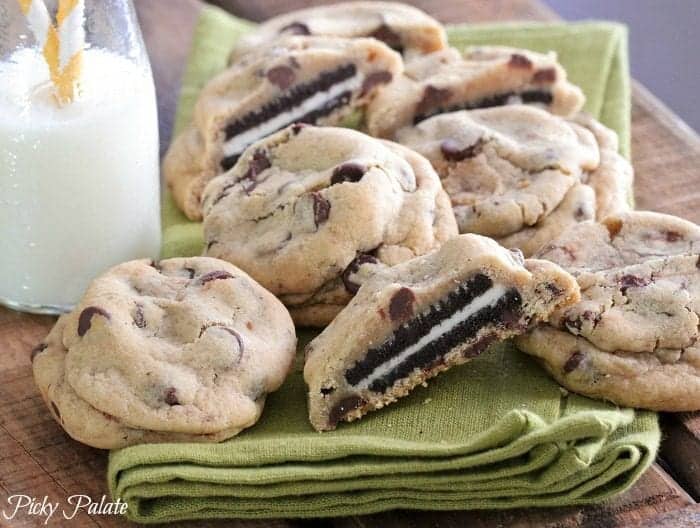 Oreo Stuffed Chocolate Chip Cookies with a Glass of Milk