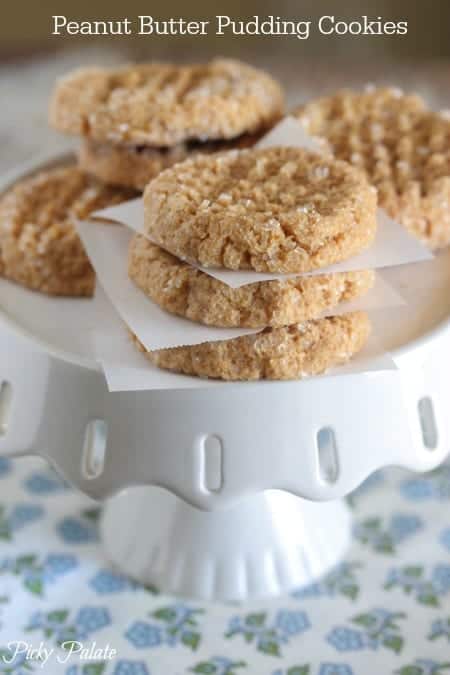 Peanut Butter Pudding Cookies on a White Cake Stand