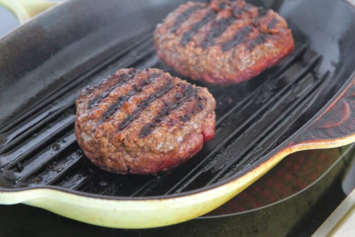 grilling burgers on grill pan
