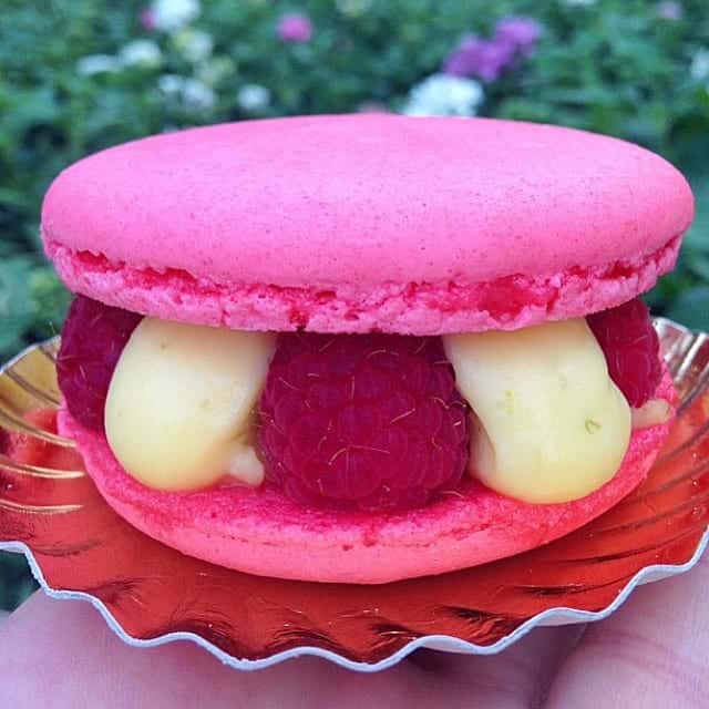 A Fancy Silver Bowl Holding a Raspberry Macaron Dessert Sandwich