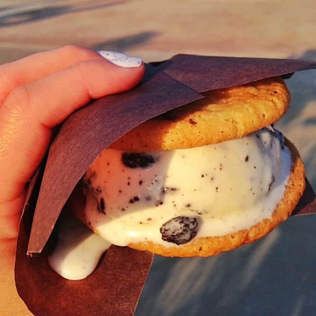 Shelly Holding an Italian Gelato Sandwich with a Dark Brown Napkin