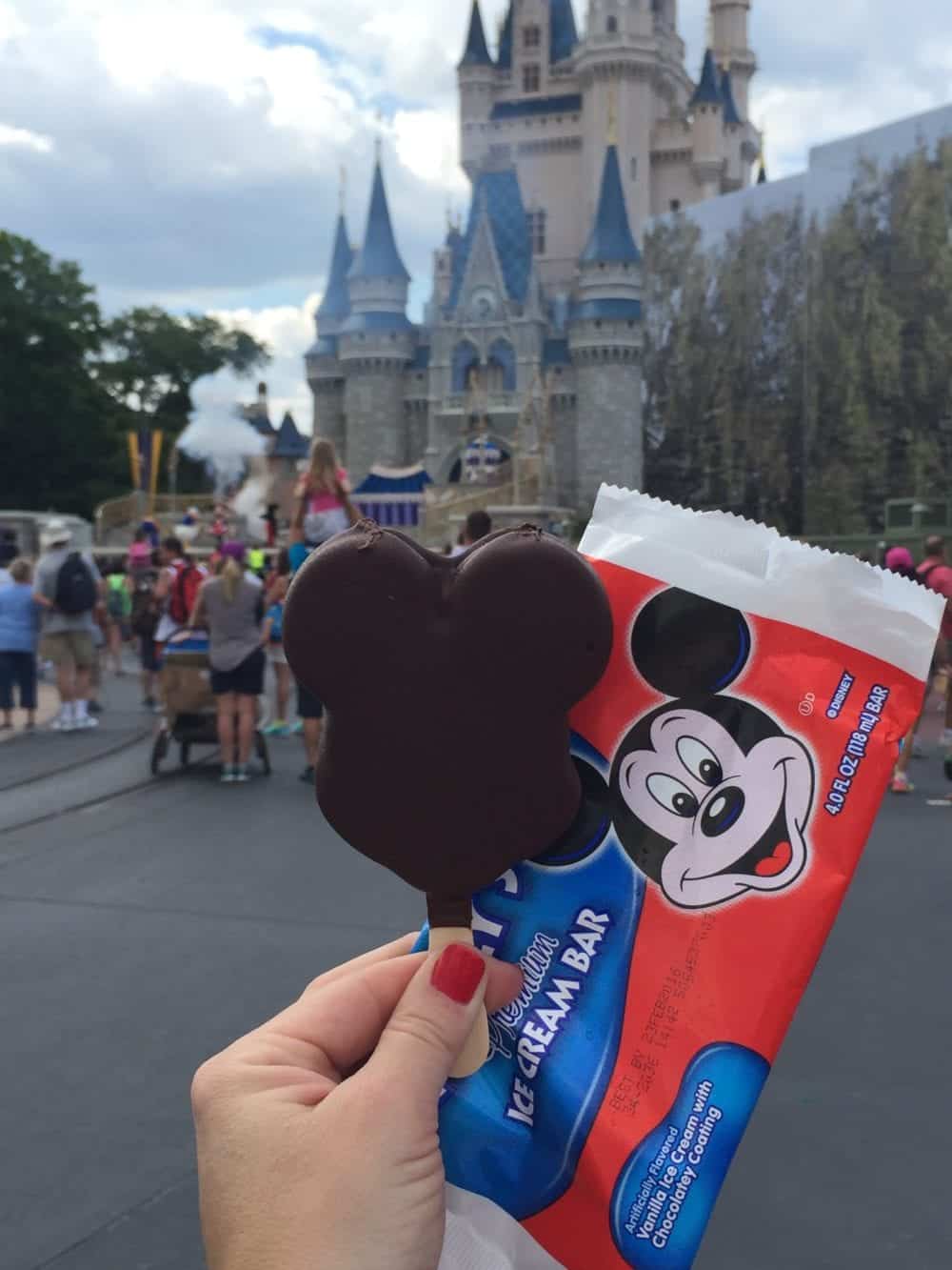 Shelly Holding a Chocolate Coated Mickey Ice Cream Bar in Front of the Disney Castle