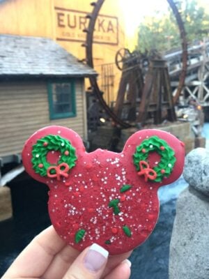 A pink Mickey Holiday Sugar Cookie.