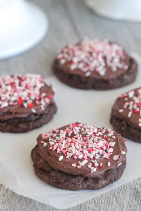 Four Chocolate Peppermint Patty Stuffed Cookies Topped with Crushed Peppermint