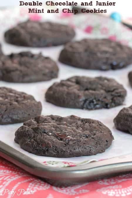Double chocolate Junior Mint chip cookies on a baking sheet.