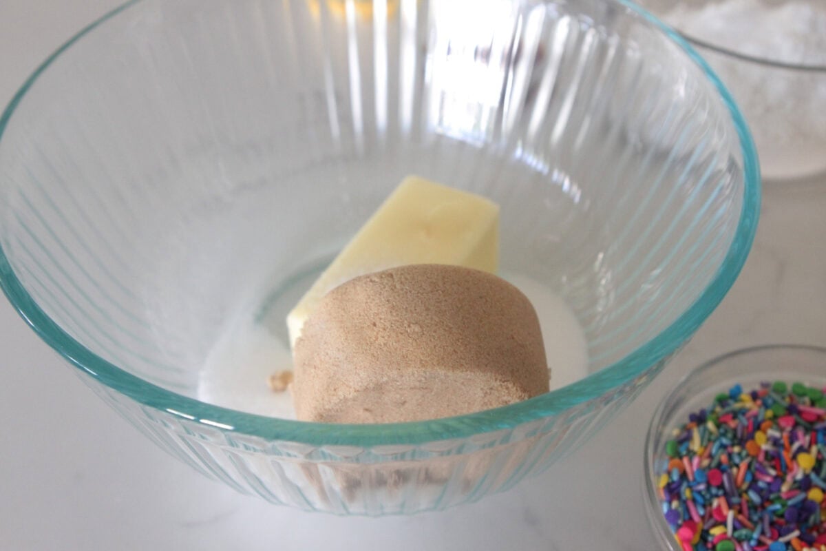 sugars and butter added to mixing bowl