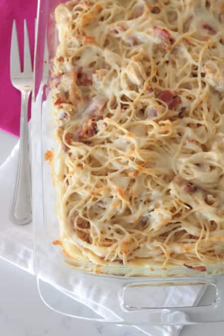 Creamy Chicken Bacon Baked Spaghetti