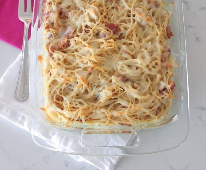 Creamy Chicken Bacon Baked Spaghetti