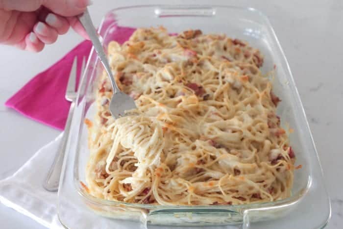 Creamy Chicken Bacon Baked Spaghetti