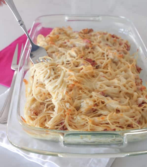 Creamy Chicken Bacon Baked Spaghetti