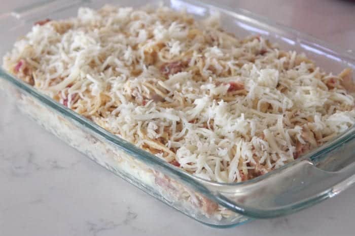 Creamy Chicken Bacon Baked Spaghetti