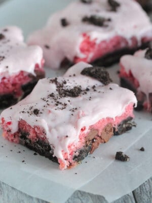 strawberry cake bars on serving plate