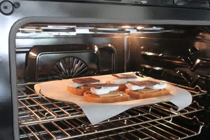 Slices of S'mores Peanut Butter Toast inside the oven.