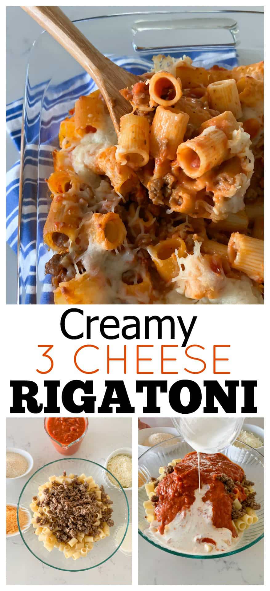 photo collage of cheese rigatoni recipe