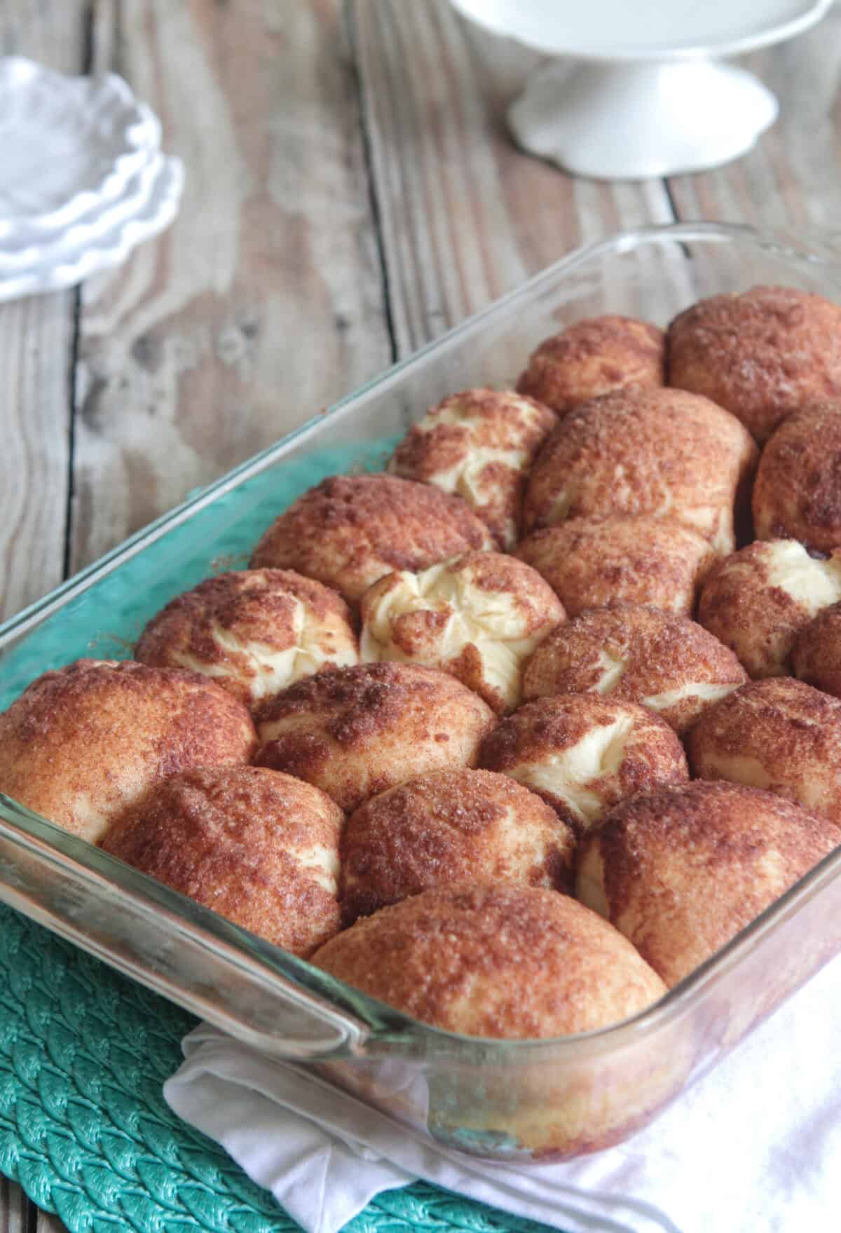 cinnamon roll bubble bites baked in a baking dish