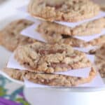 s'mores cookies stacked on cake stand