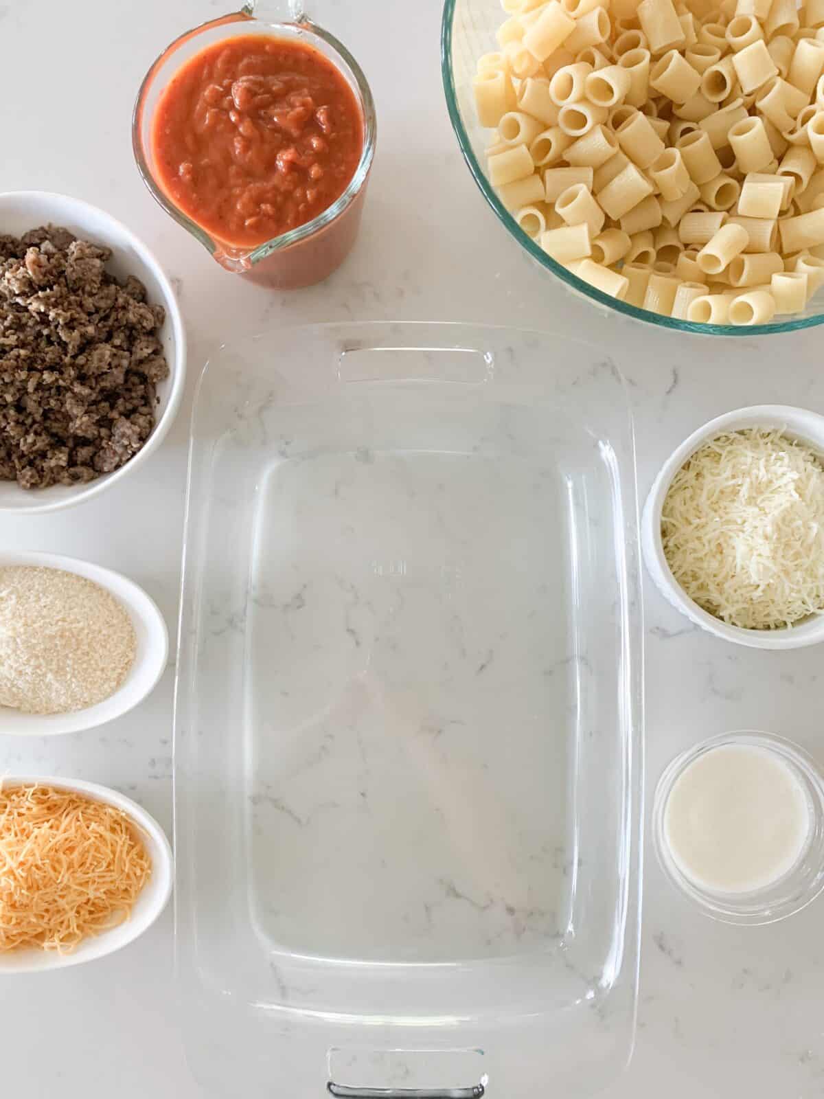 cheese rigatoni ingredients on counter top