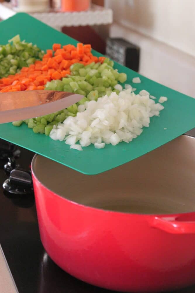 adding chopped vegetables to pot for chicken noodle soup