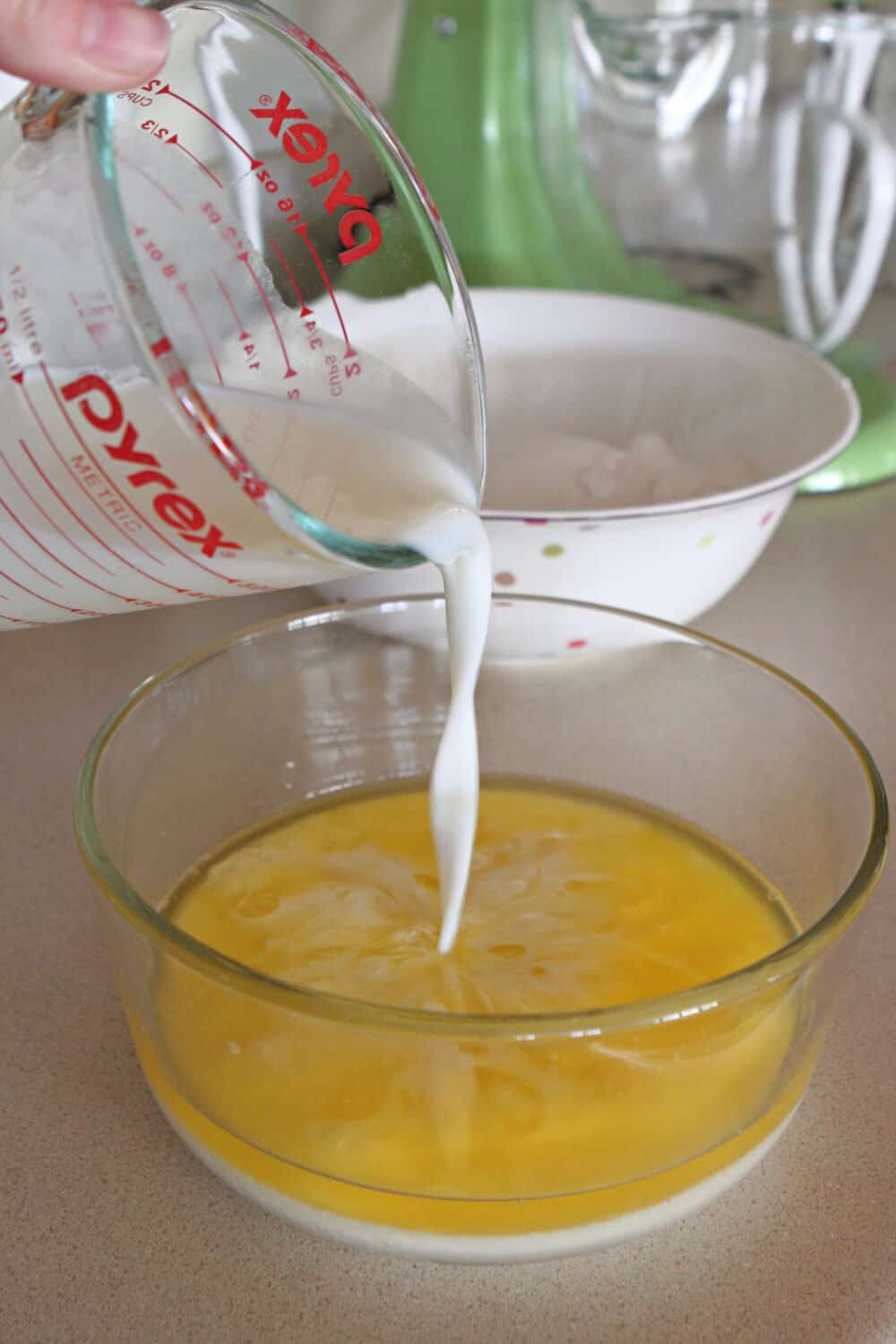 pouring buttermilk into bowl