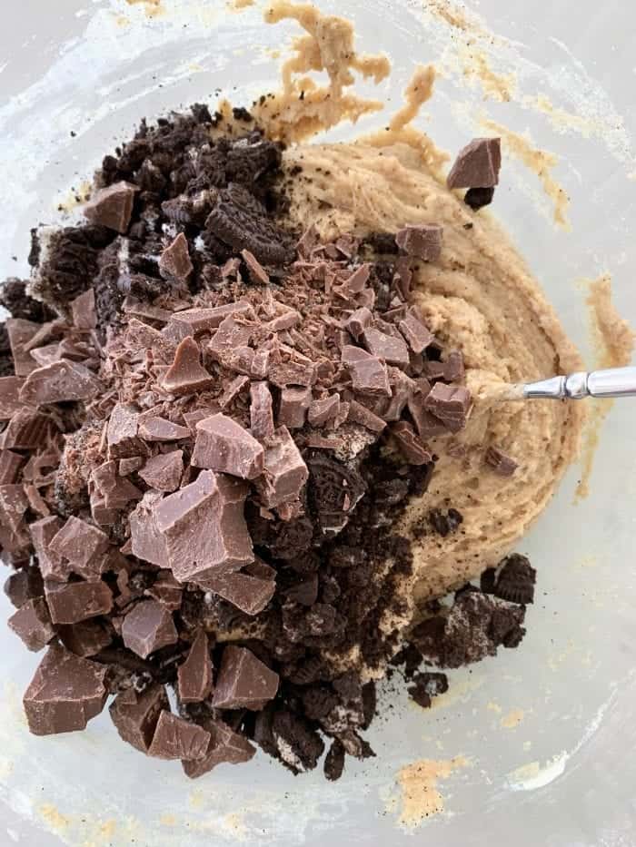 chocolate chunks added to mixing bowl