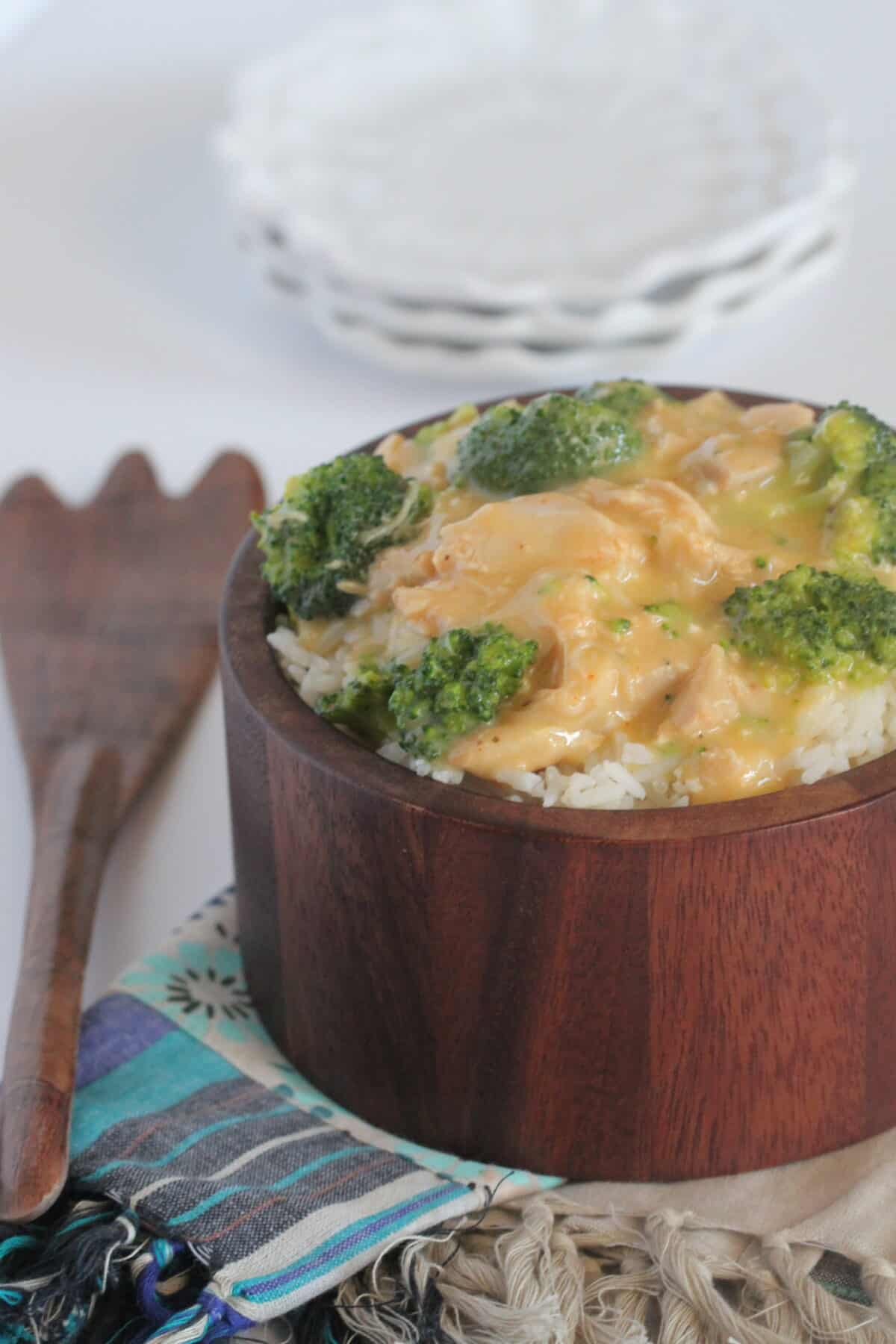 crockpot chicken and broccoli over rice in bowl