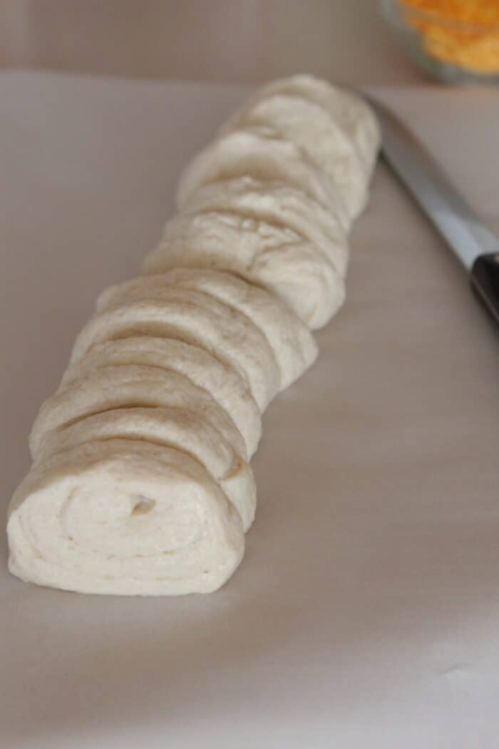 bread dough cut into 12 slices