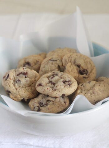 healthy chocolate chip cookies in bowl with parchment paper