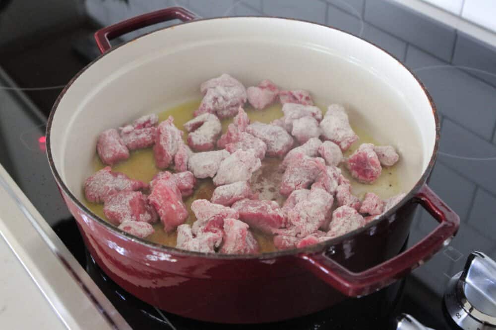 browning stew meat in pot