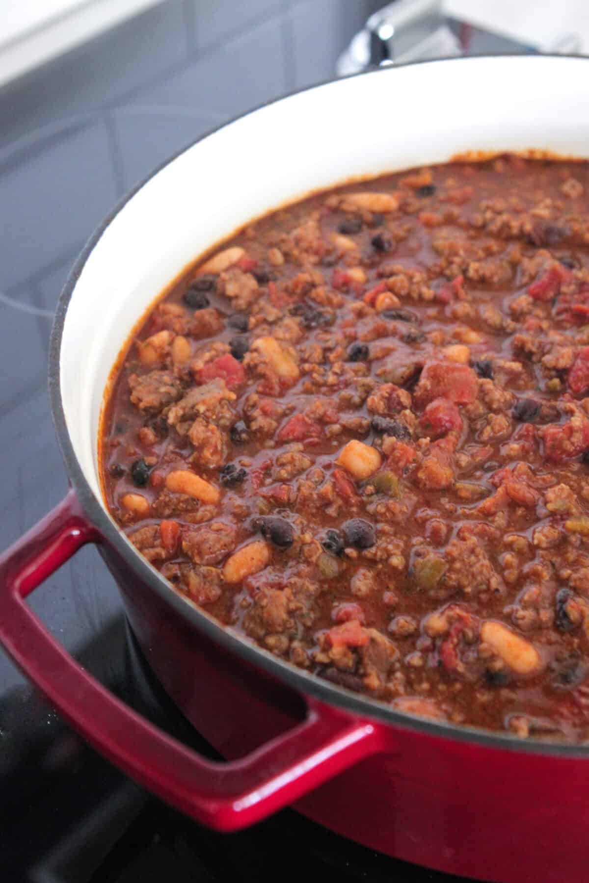 perfect chili recipe in a pot on the stovetop