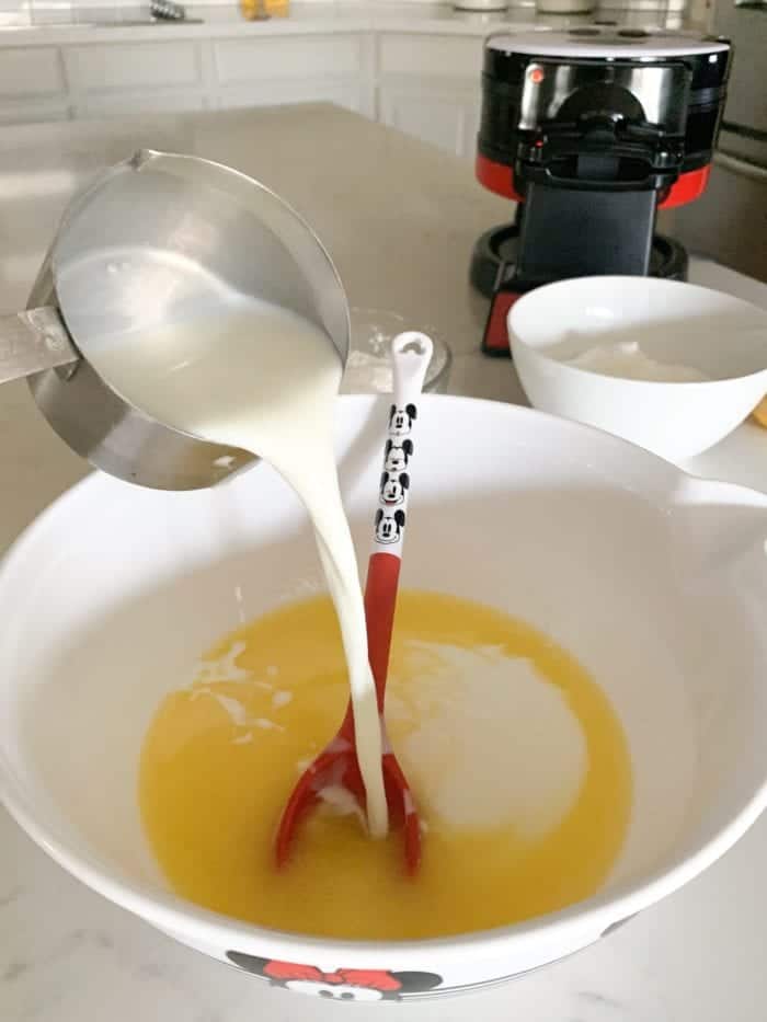 wet waffle ingredients in mixing bowl