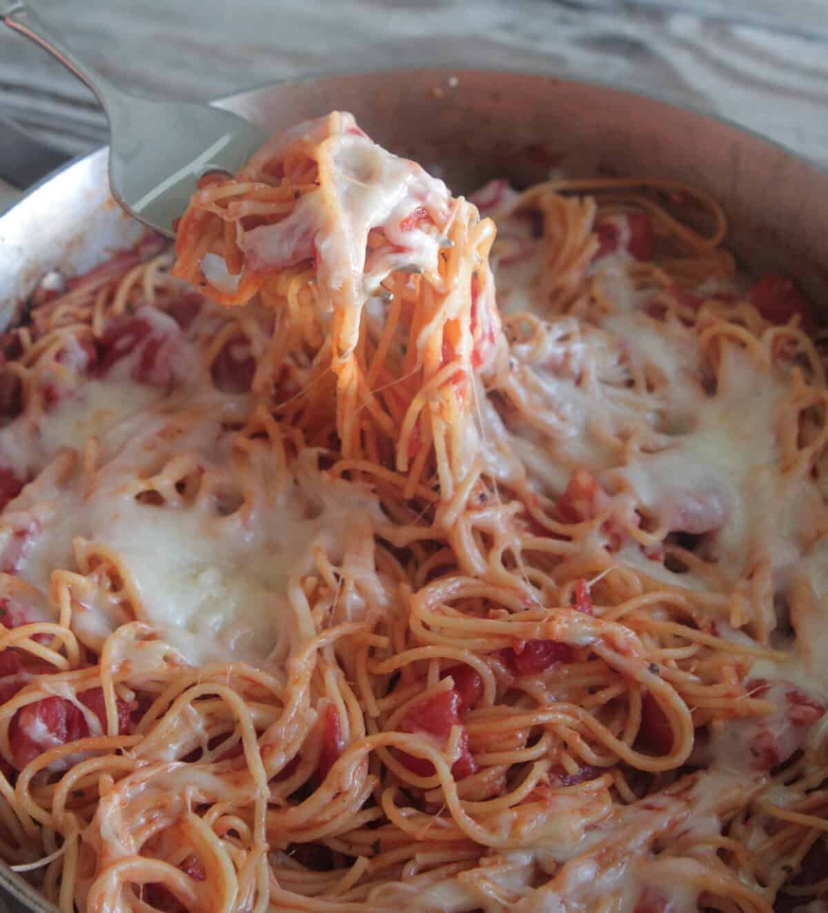 one pot cheesy spaghetti in serving pot