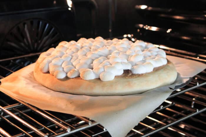 marshmallows cooking on dessert pizza