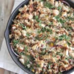 bbq chicken and rice bake served in cast iron skillet