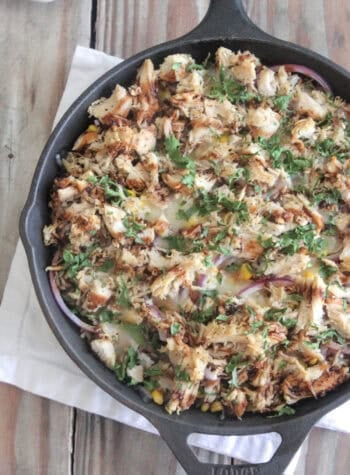 bbq chicken and rice bake served in cast iron skillet