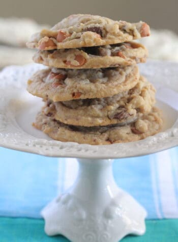 chocolate chip cookies stacked on cake stand