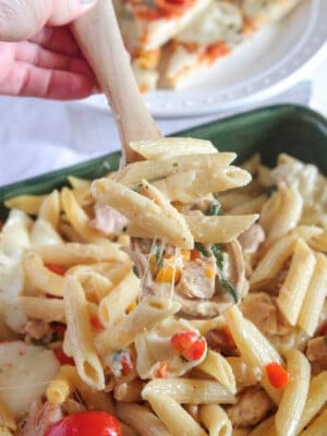 chicken caprese pasta bake in serving dish