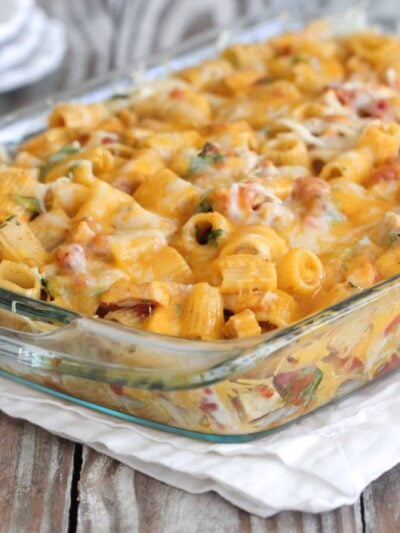 baked rigatoni out of the oven in baking dish