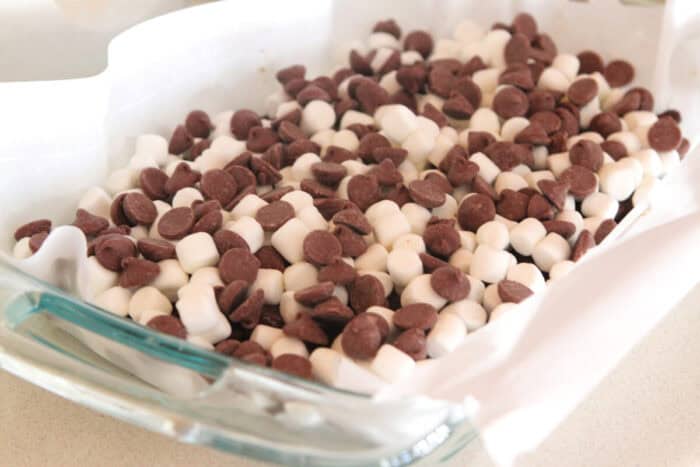 chocolate chips added to marshmallow layer in baking dish