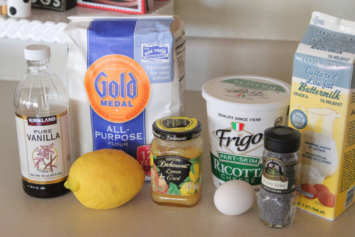 lemon poppyseed pancake ingredients on counter top